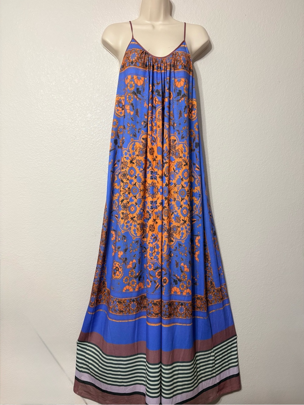 Anthropologie Dream Daily Tile Burst Floral Maxi Dress, Blue & Orange Print M